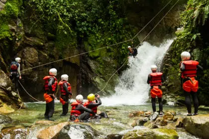 Group Of People Having Fun During A Canyoning Trip